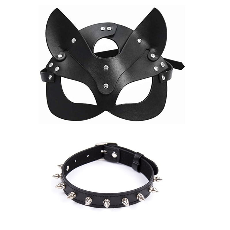 Half Eye Mask Cosplay Face Cat Leather Harness Mask Cosplay Mask Women Leather Funny Cat Mask Black Faux Leather BDSM