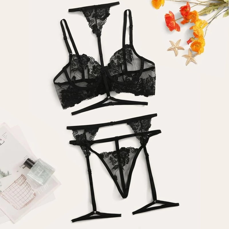woman Flower Lace Underwire Garter and Thong Sexy Bra...